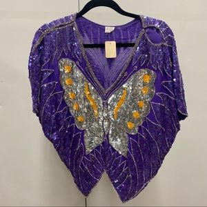 Vintage Retro Purple Sequined Butterfly Crop Blouse